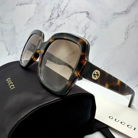 New GUCCI Sunglasses Brown Black Tortoise Square Women's Gold GG Logo Oversized - Picture 12 of 16